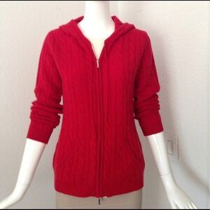 Enzo Montovani  Women’s S Fine Cashmere Red Cable Knit Cardigan Blazer Hood Zip
